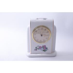 Paul Sebastian, White Mantel Clock, Porcelain, Floral, Shelf, Table Clock, 1996